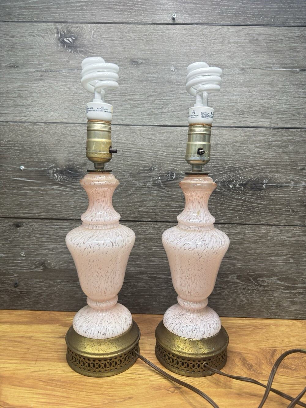 VTG 1950s Pair of Pink Swirl Frit Hand Blown Glass Table Lamps Made in France
